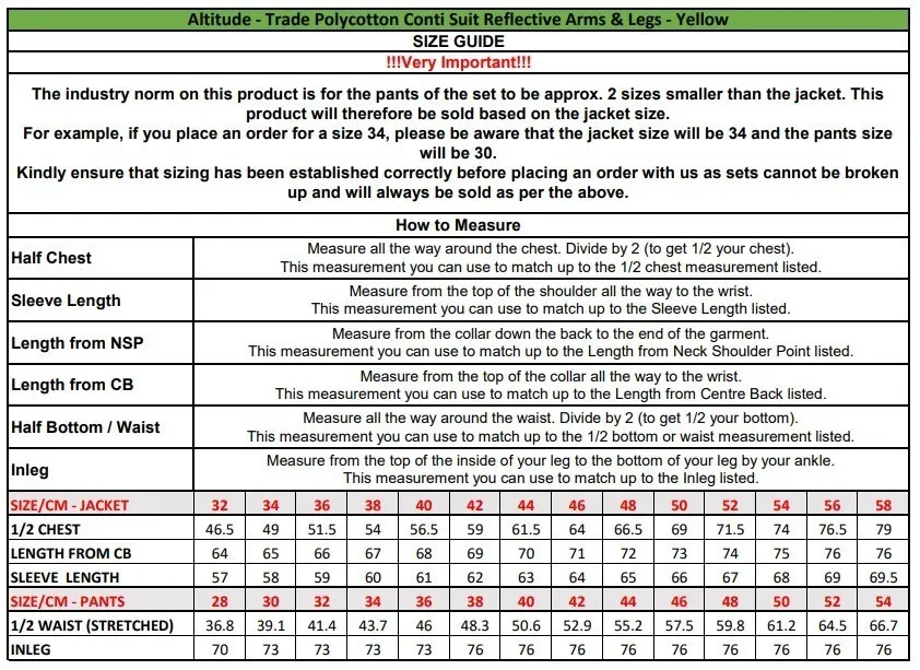 Trade Polycotton Conti Arm Leg YW Taped